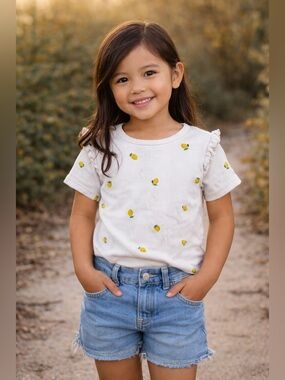 H&M White Short Sleeve Tee with Yellow Lemon Motif